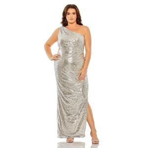 Mac Duggal New 68539 Silver Sequin One Shoulder Column Gown Cut Out Plus 20W